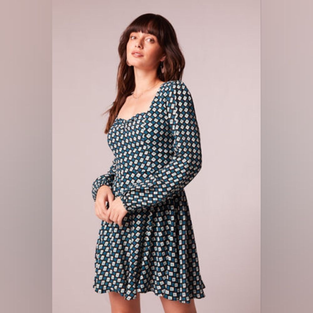 NWT Band of the Free GENEVIEVE TEAL DIAMOND LONG SLEEVE MINI DRESS XS